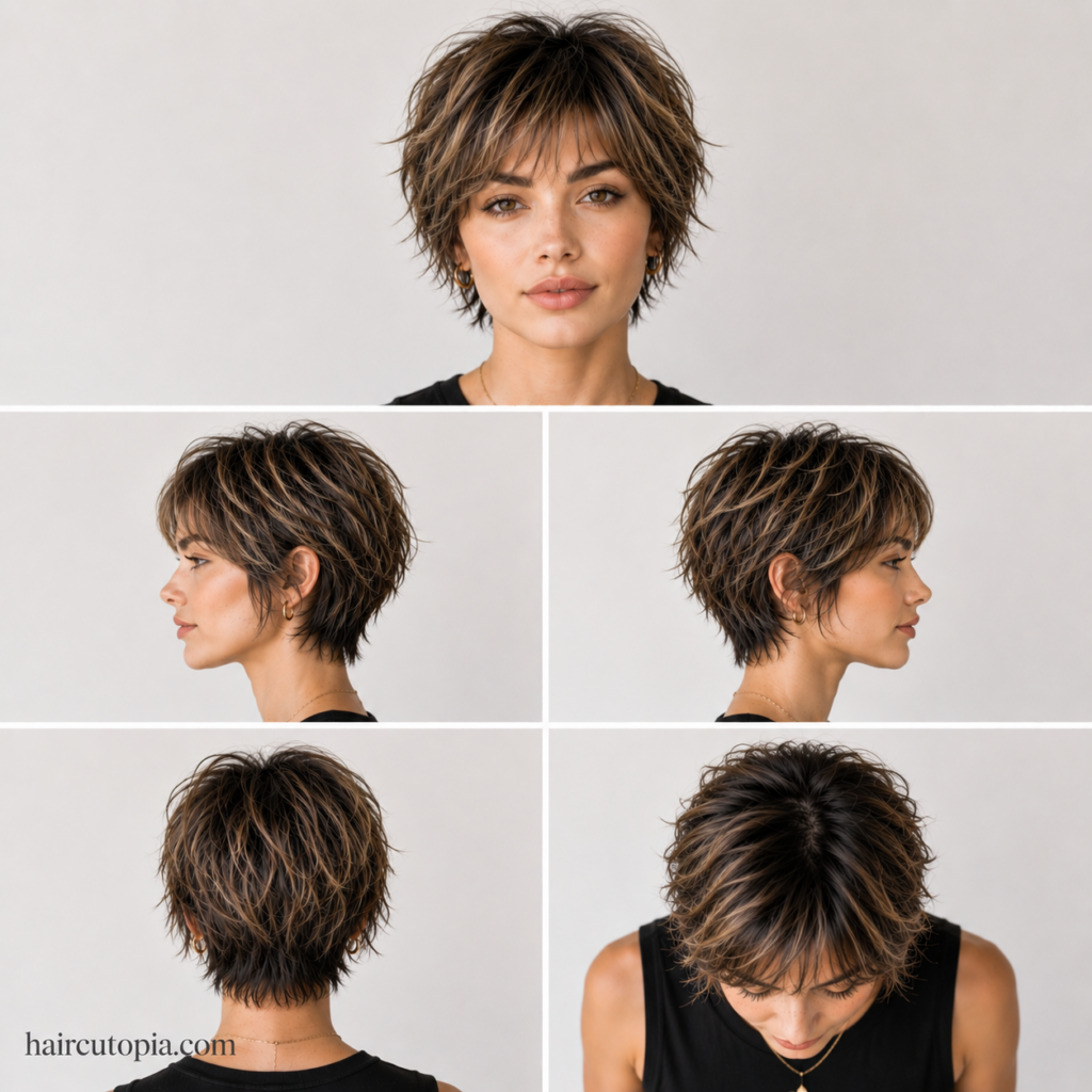 Front, side, back, and top views of a layered bixie haircut designed to flatter diamond-shaped faces.