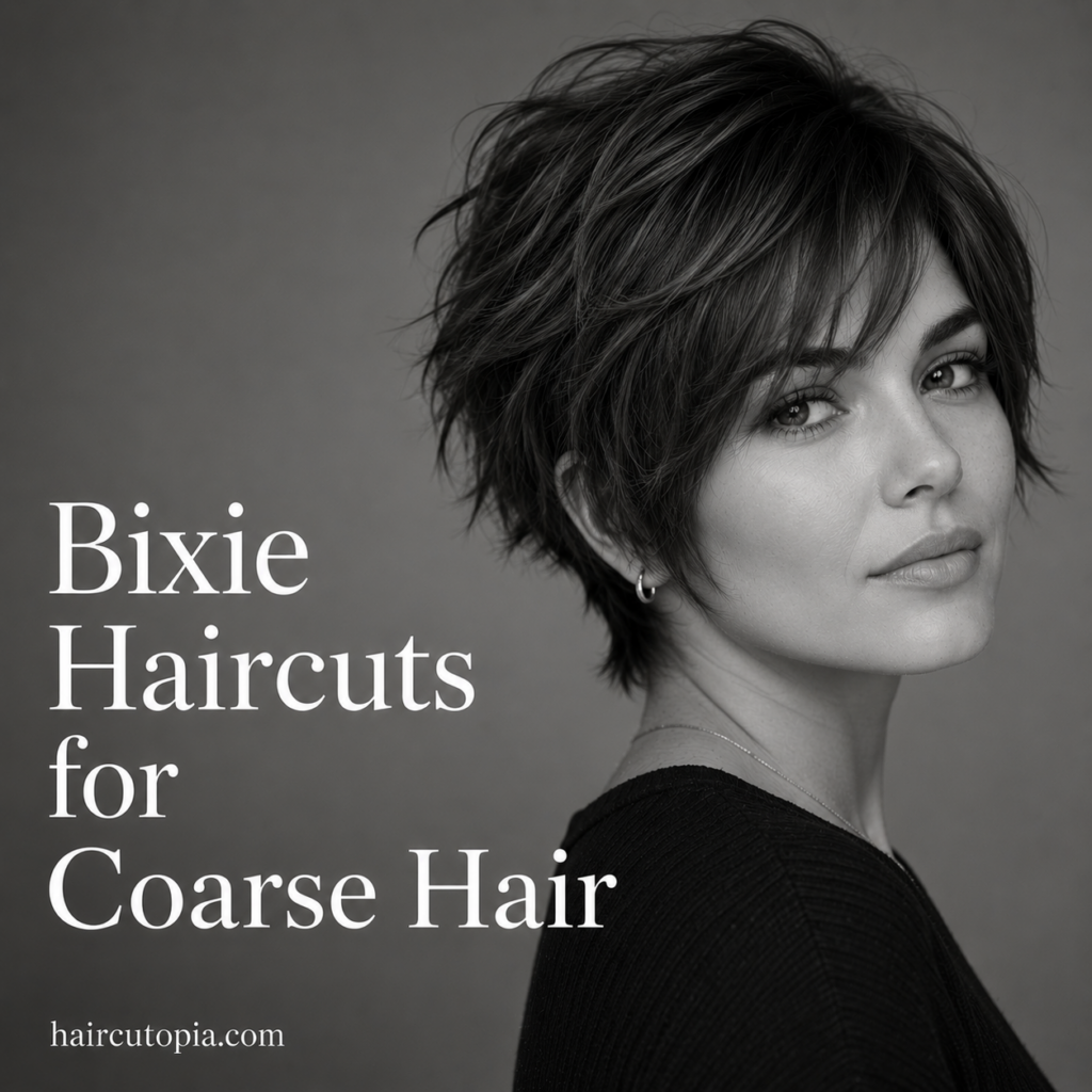 Woman with a layered bixie haircut for coarse hair featuring textured movement, soft bangs, and a tapered neckline.
