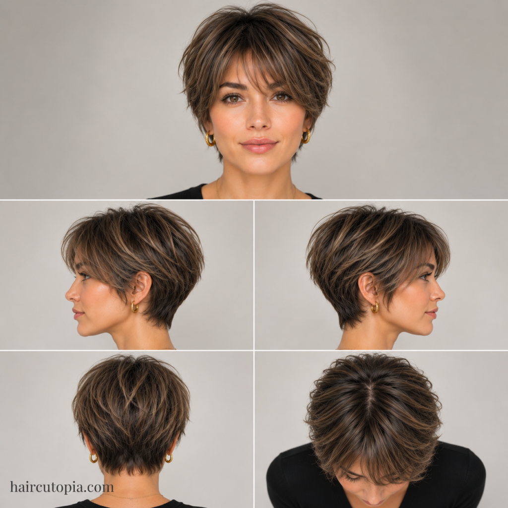 Five-view collage of a layered bixie haircut for coarse hair showing the front, left side, right side, back, and top views with textured volume and a tapered nape.