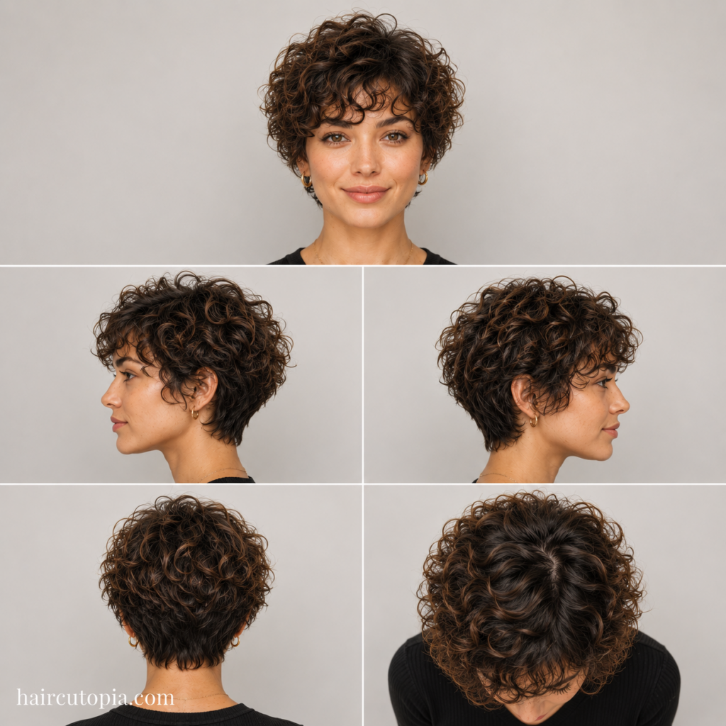 Five-view collage of a curly bixie haircut showing the front, left side, right side, back, and top views with defined natural curls.