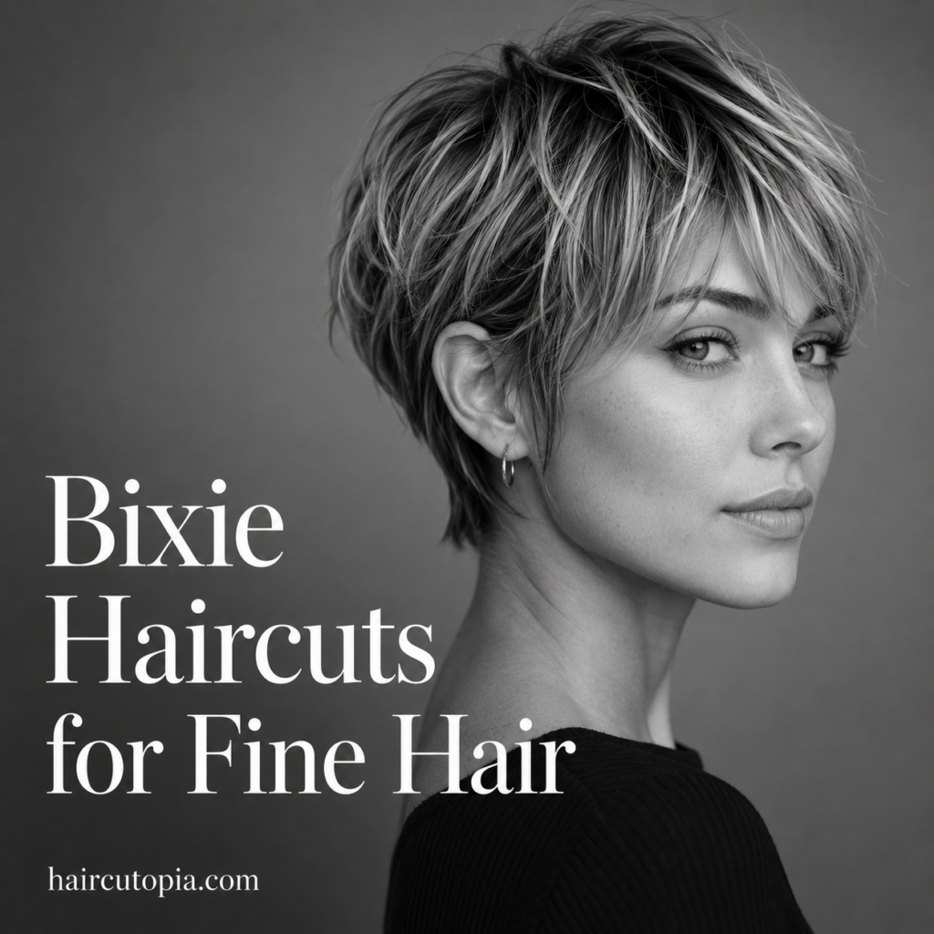 Woman with a textured bixie haircut for fine hair featuring soft layers, wispy bangs, and natural volume.