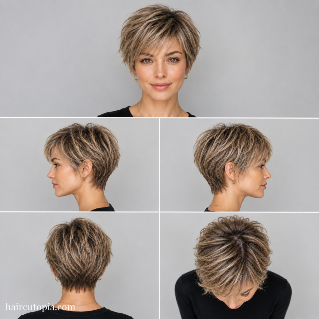Five-view collage of a layered bixie haircut for fine hair showing the front, left side, right side, back, and top views.