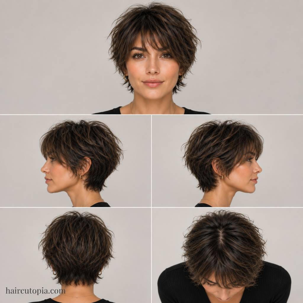 Five-view collage of a layered bixie haircut for frizzy hair showing the front, left side, right side, back, and top views with natural texture and soft volume.