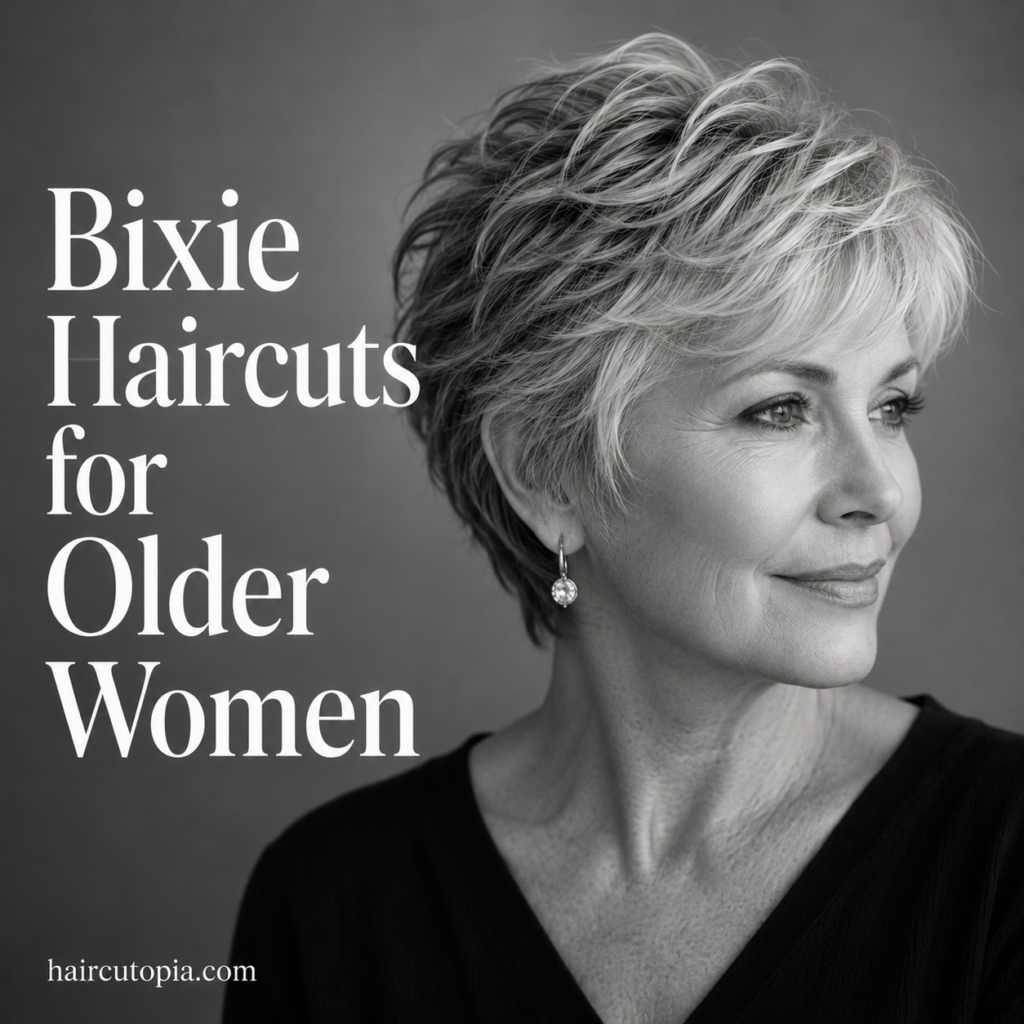 Modern layered bixie haircut for older women with soft volume and textured gray hair