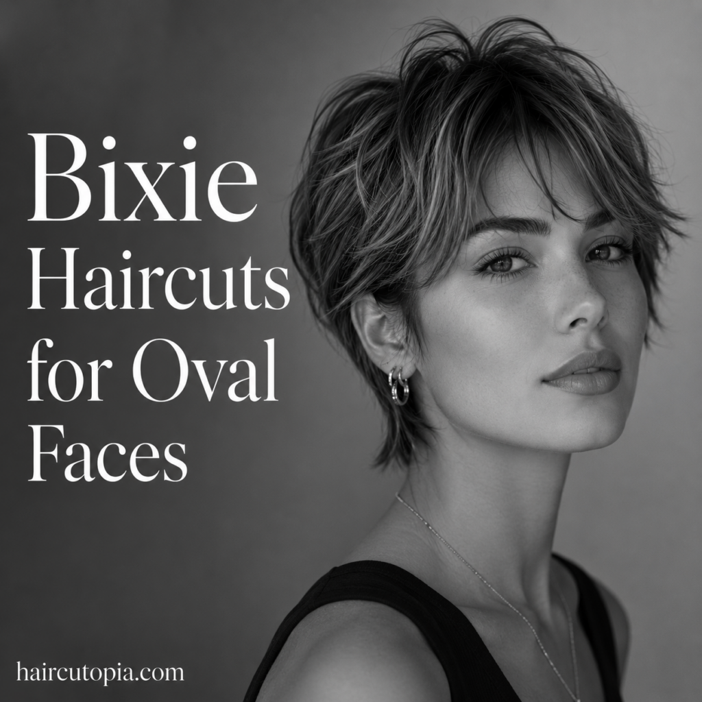 Woman with a modern layered bixie haircut styled to complement an oval face in a black-and-white editorial portrait.