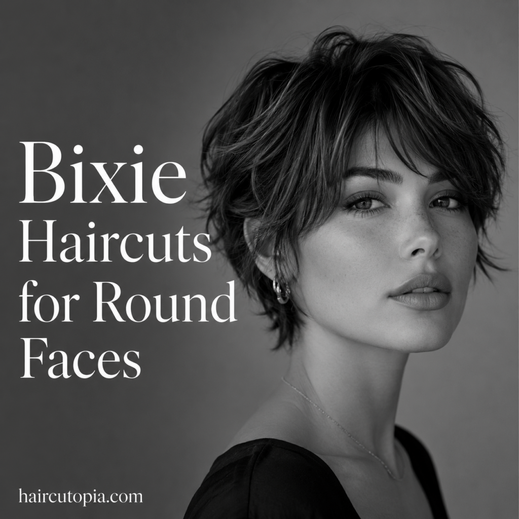 Woman with a layered bixie haircut styled to flatter a round face with soft texture and side-swept bangs.