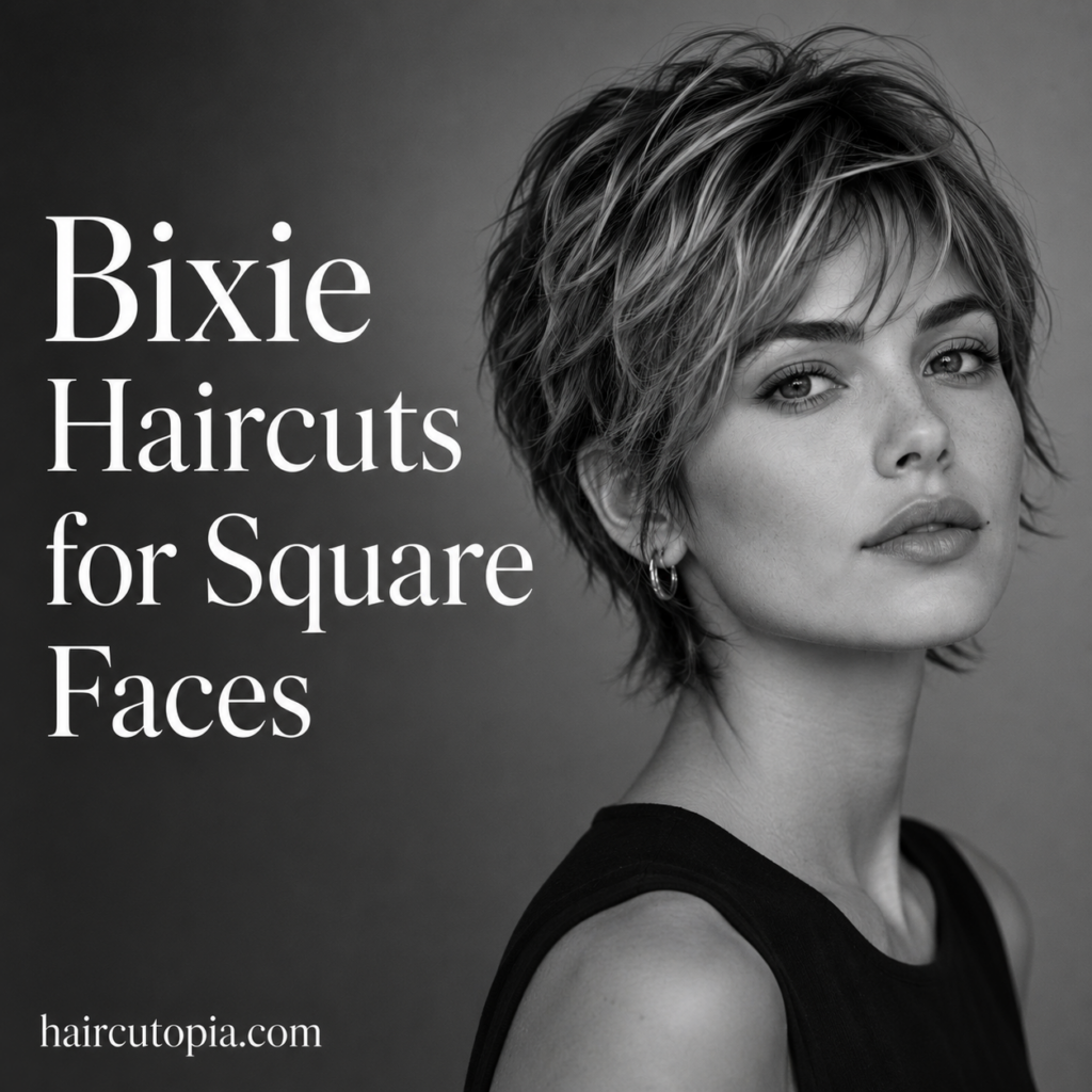 Woman with a textured bixie haircut featuring feathered layers and side-swept bangs designed to flatter a square face.