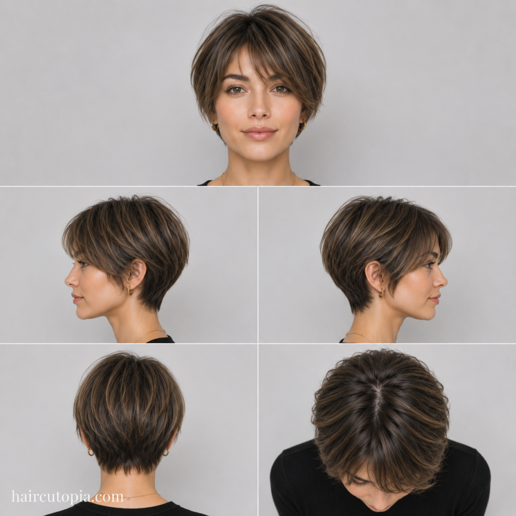 Five-view collage of a sleek layered bixie haircut for straight hair showing the front, left side, right side, back, and top views.
