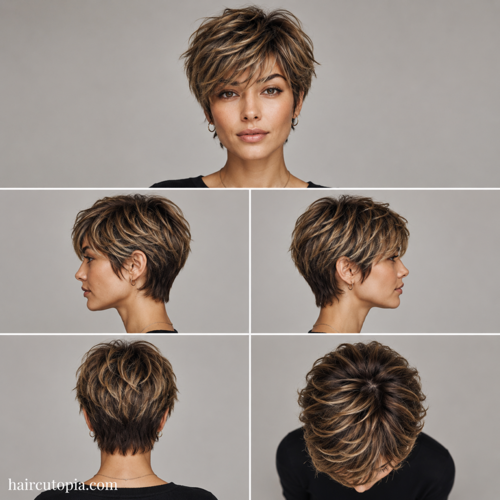 Five-view collage of a layered bixie haircut for thick hair showing the front, left side, right side, back, and top views.
