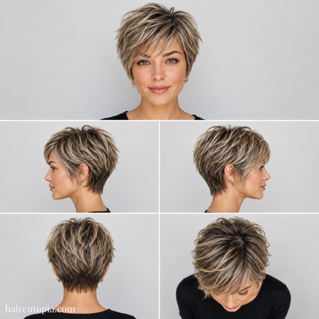 Five-view collage of a layered bixie haircut for thin hair showing the front, left side, right side, back, and top views.