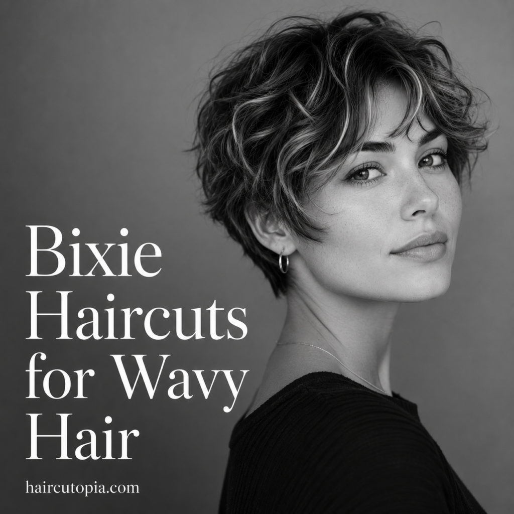 Woman with a layered wavy bixie haircut featuring soft texture, natural movement, and side-swept fringe.