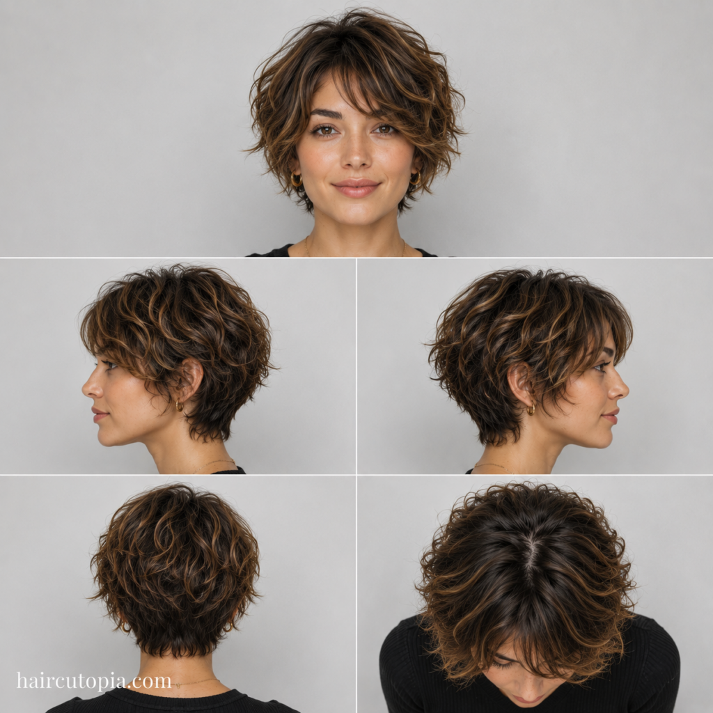 Five-view collage of a layered bixie haircut for wavy hair showing the front, left side, right side, back, and top views with natural waves and textured layers.