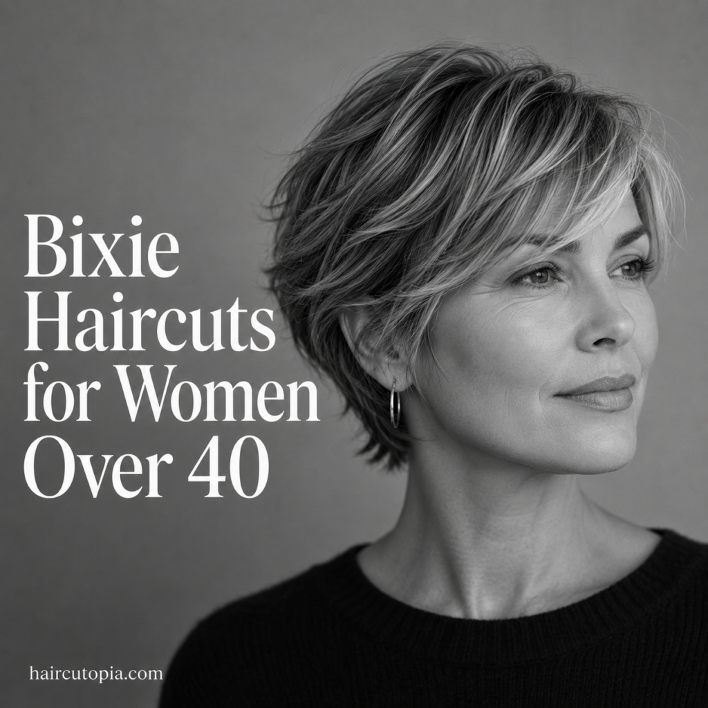 Modern layered bixie haircut for women over 40 with textured side-swept bangs