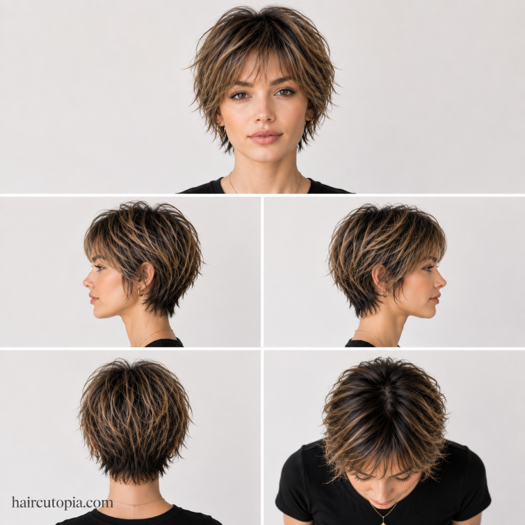 Front, side, back, and top views of a layered bixie haircut designed to flatter long face shapes.
