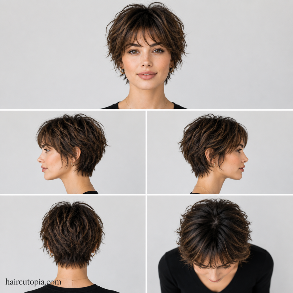 Front, side, back, and top views of a layered bixie haircut designed to complement an oval face shape.