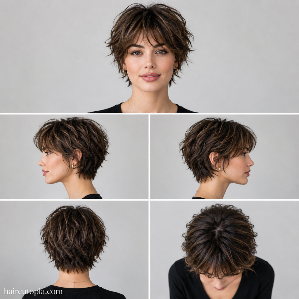 Front, side, back, and top views of a textured bixie haircut designed to flatter women with round faces.