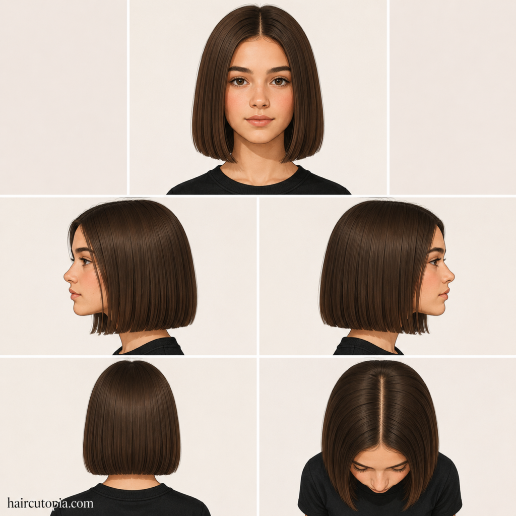 Five-view collage of a blunt cut hairstyle for a teen girl showing the front, left side, right side, back, and top view.