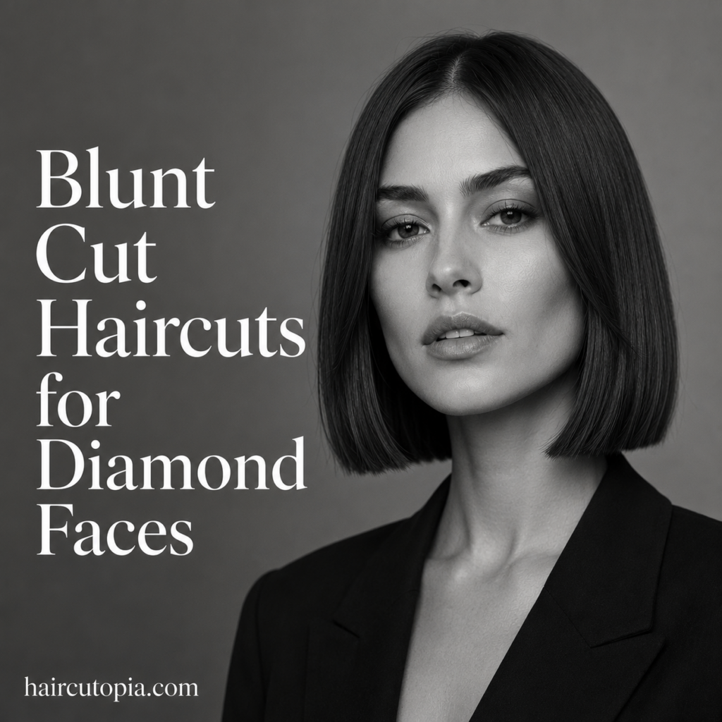 Woman with a sleek blunt bob haircut styled for a diamond-shaped face in a black-and-white editorial portrait.