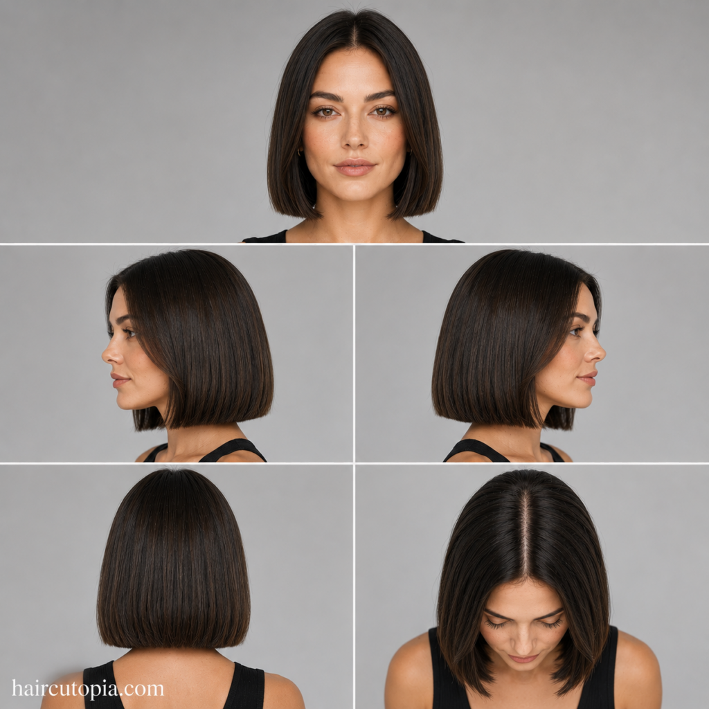 Five-panel collage showing a blunt cut haircut for a diamond-shaped face from the front, left side, right side, back, and top views.