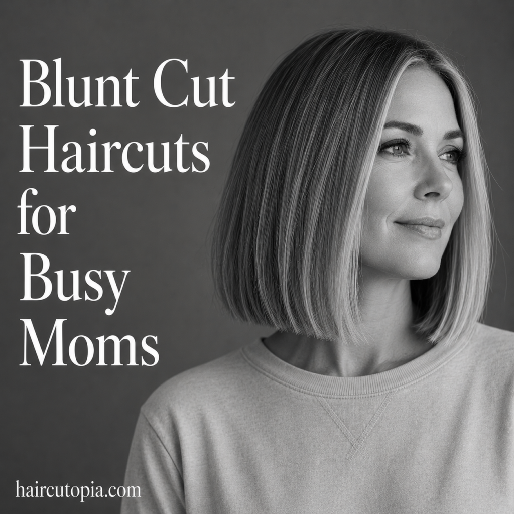 Five-view collage showing a blunt cut hairstyle for a busy mom from the front, left side, right side, back, and bird's-eye view.