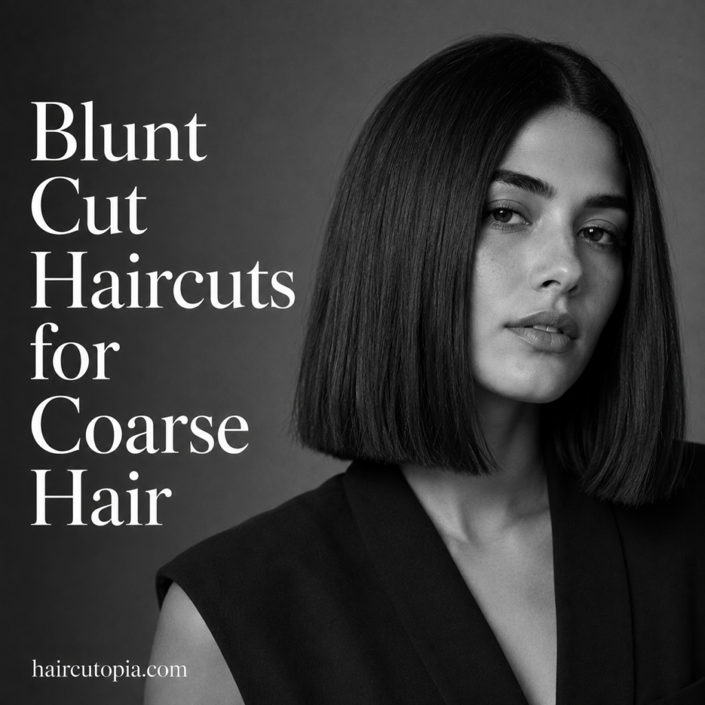 Woman with a sleek blunt bob haircut for coarse hair in a black-and-white editorial portrait.