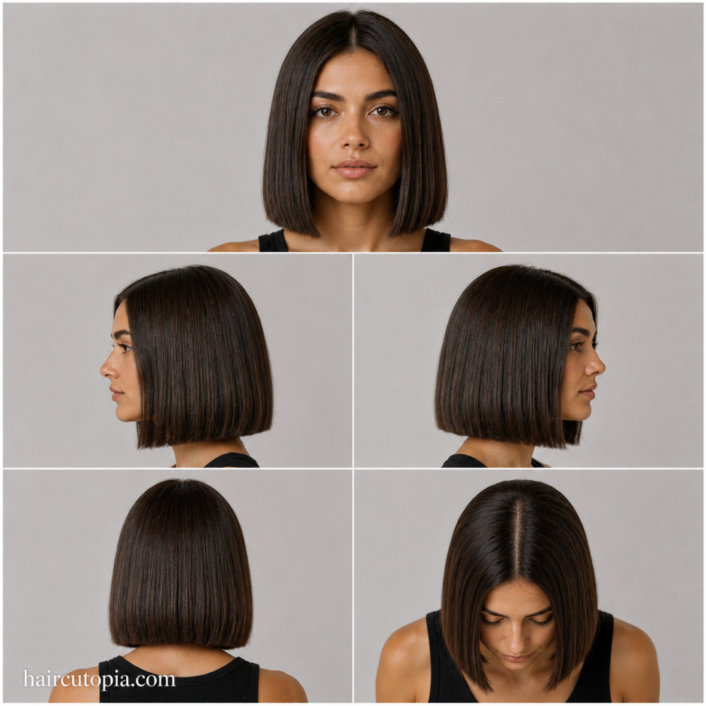 Five-panel collage showing a blunt cut bob for coarse hair from the front, left side, right side, back, and bird's-eye views.