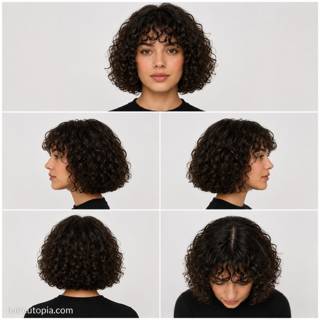 Five-panel collage showing a blunt cut curly bob haircut from the front, left side, right side, back, and bird's-eye views.