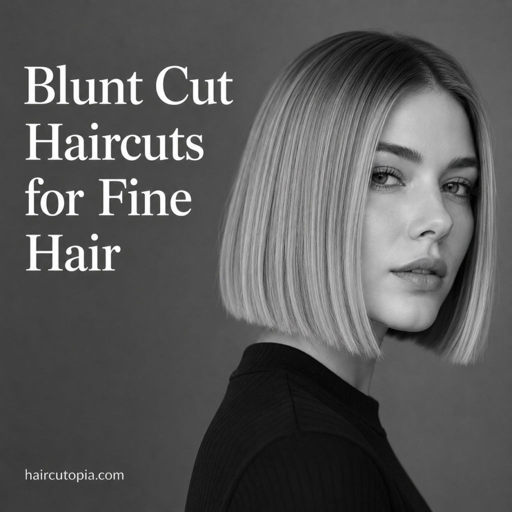 Woman with a sleek blunt bob haircut for fine hair in a black-and-white editorial portrait.