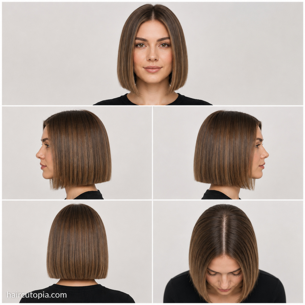 Five-panel collage showing a blunt bob haircut for fine hair from the front, left side, right side, back, and bird's-eye views.