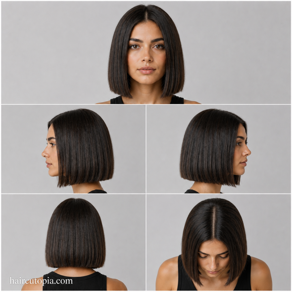 Five-panel collage showing a blunt cut bob for frizzy hair from the front, left side, right side, back, and bird's-eye views.
