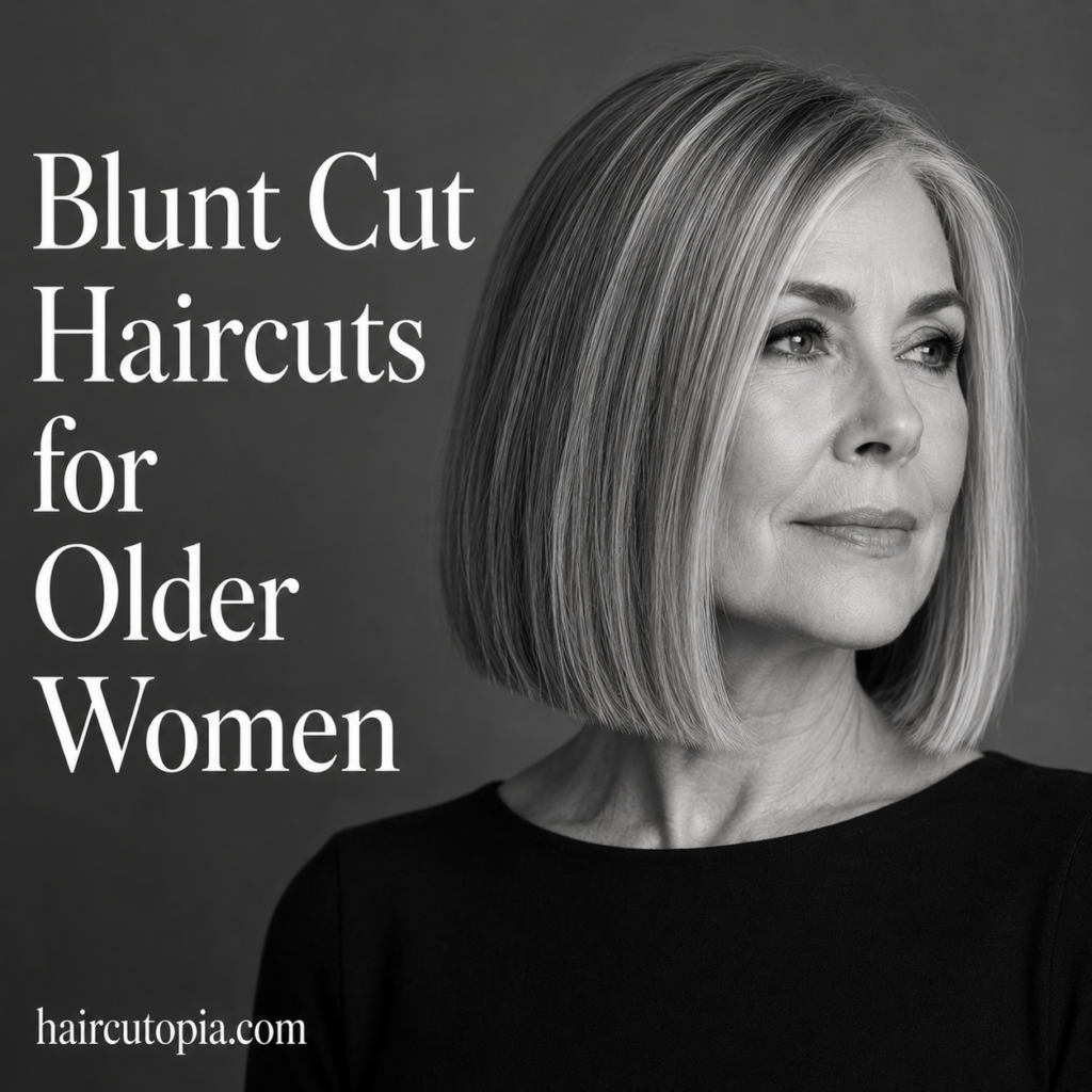 Older woman with a sleek shoulder-length blunt cut hairstyle in a black-and-white editorial portrait.