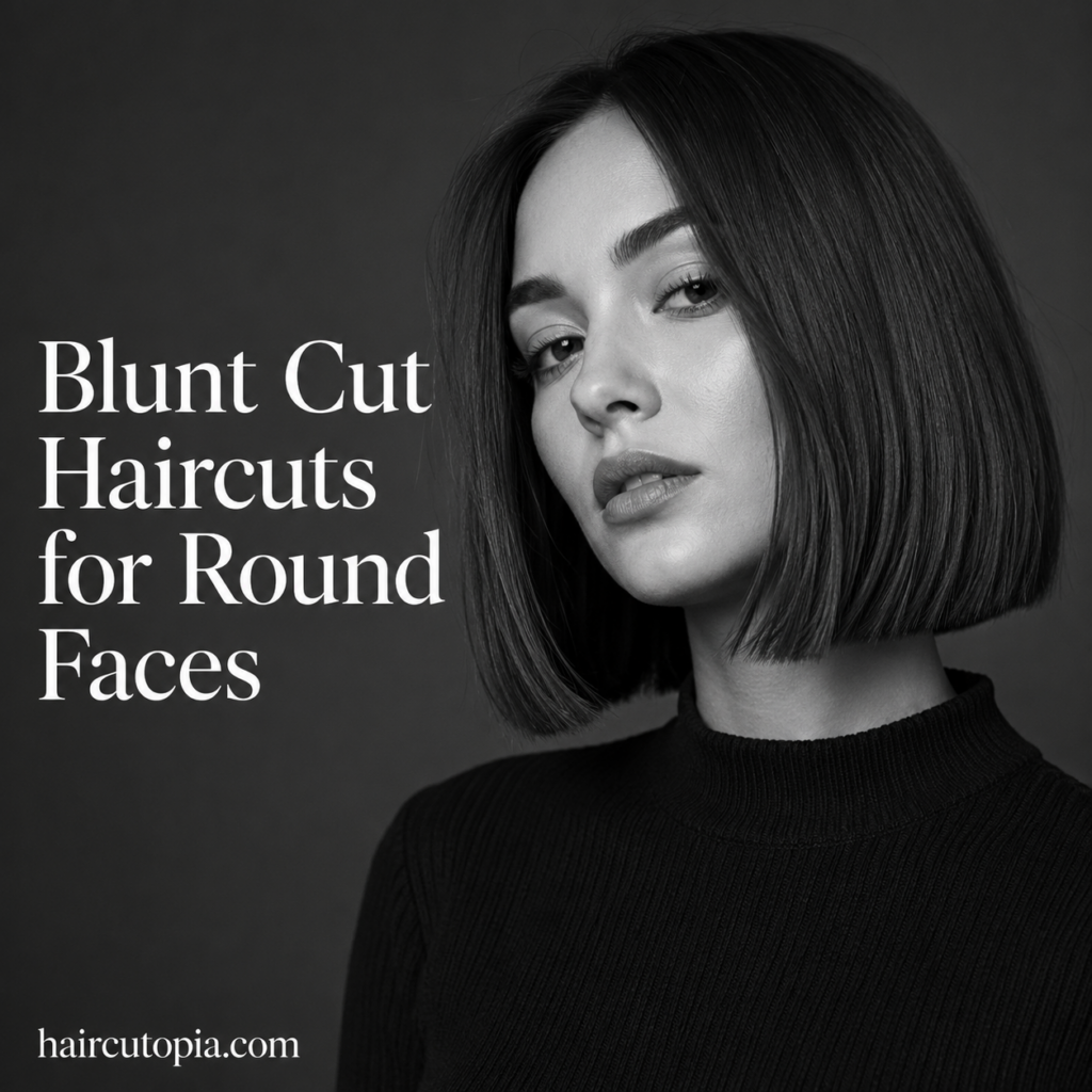 Woman with a sleek blunt bob haircut styled for a round face in a black-and-white editorial portrait.