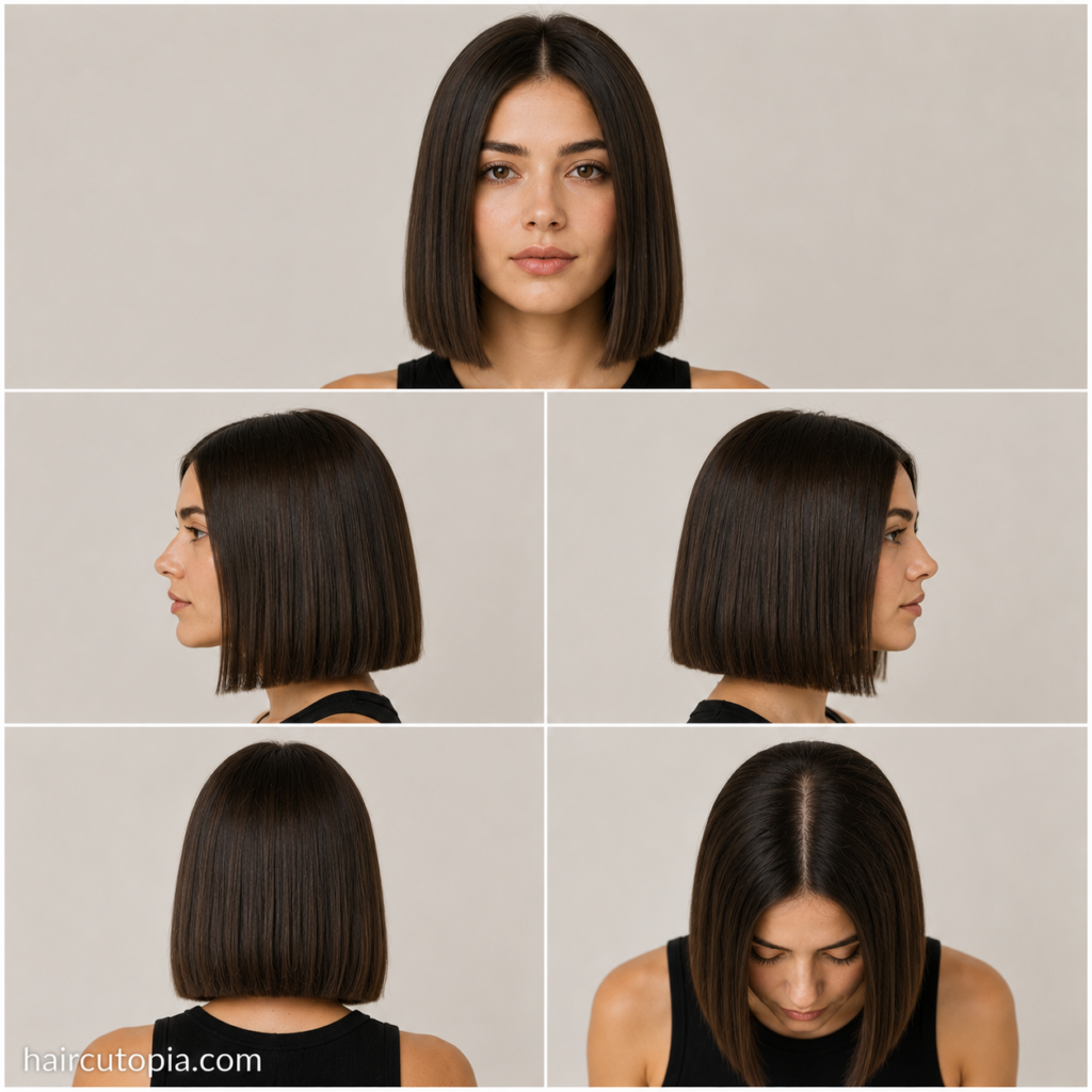 Five-panel collage showing a blunt cut bob for straight hair from the front, left side, right side, back, and bird's-eye views.