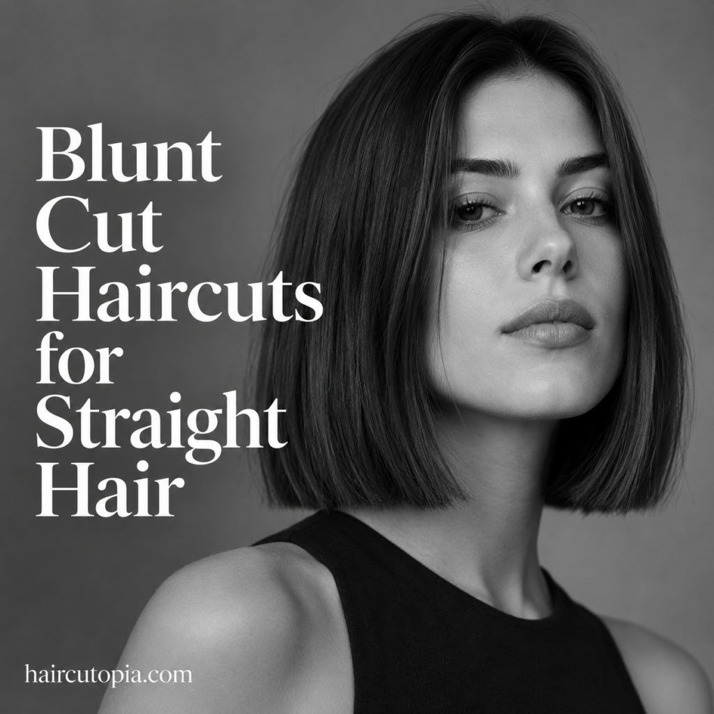 Woman with a sleek blunt bob haircut for straight hair in a black-and-white editorial portrait.