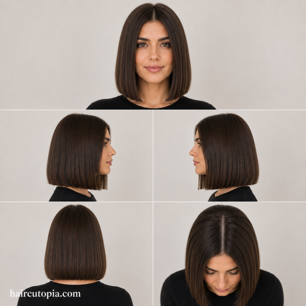 Five-view collage of a woman with a sleek blunt bob for thick hair shown from the front, left side, right side, back, and top.