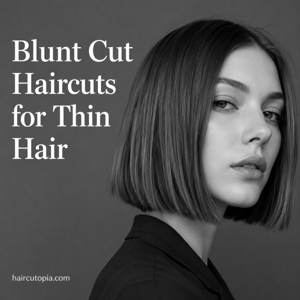 Woman with a sleek blunt bob haircut designed to make thin hair appear fuller.