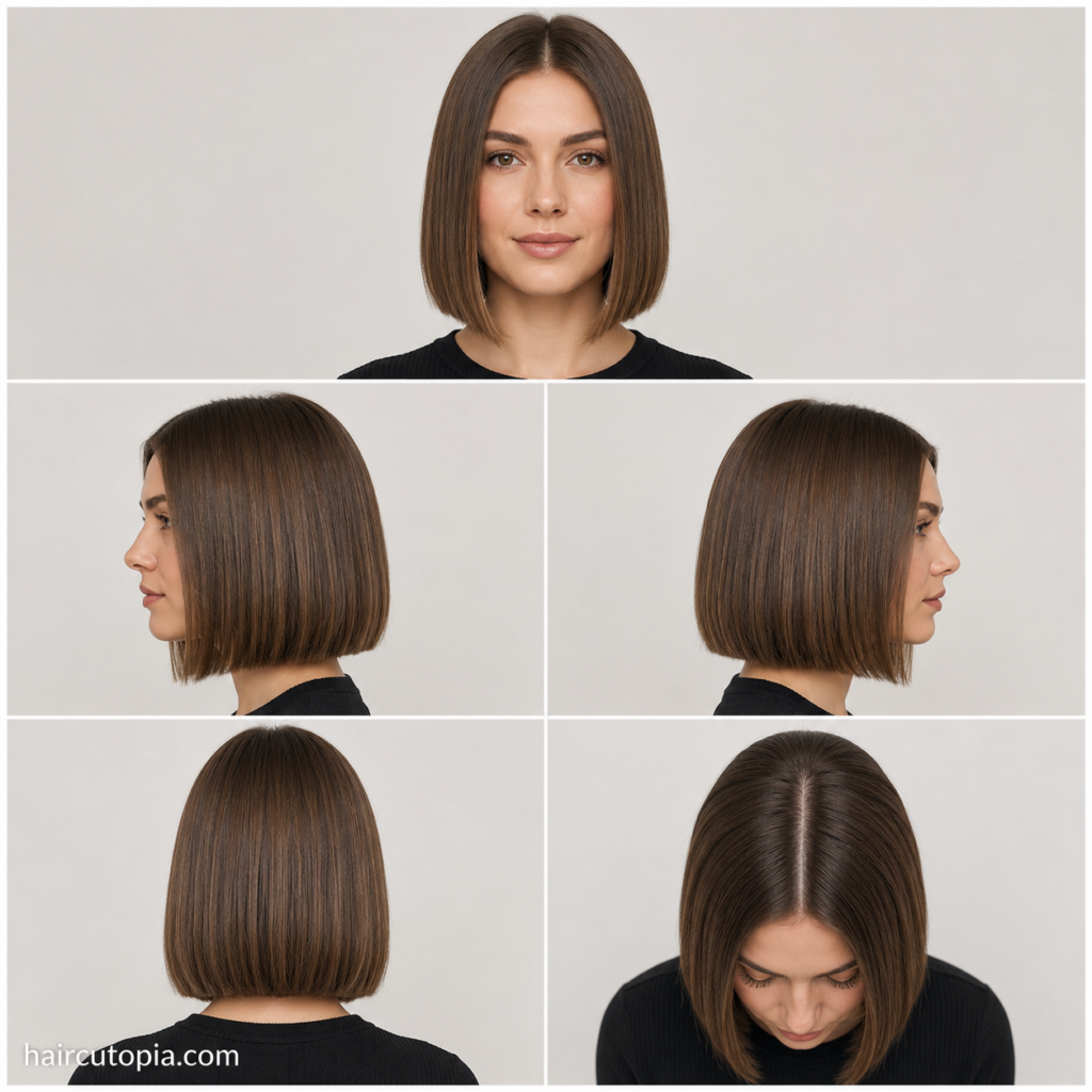 Five-panel collage showing a blunt bob haircut for thin hair from the front, left side, right side, back, and top views.