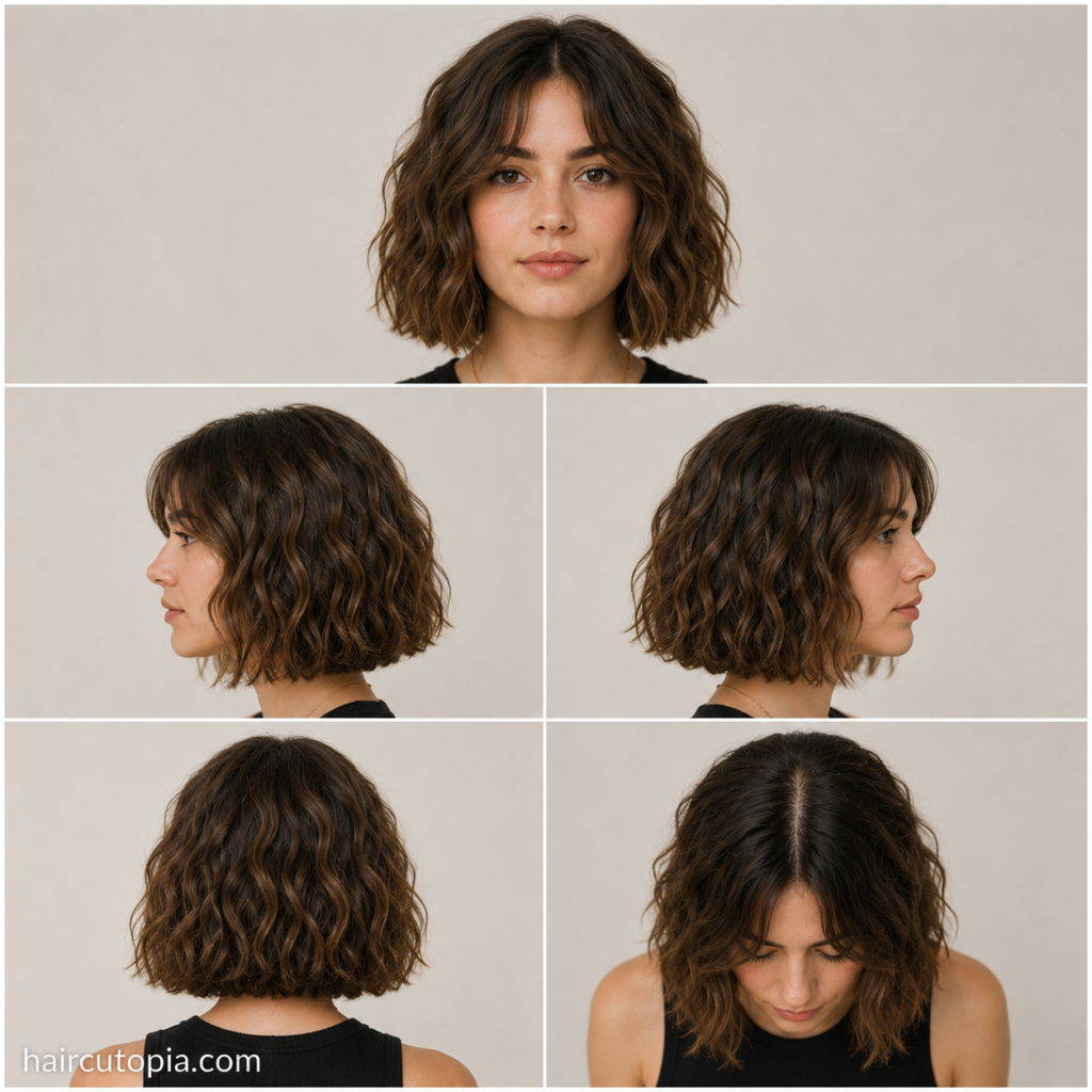 Five-panel collage showing a blunt cut wavy bob haircut from the front, left side, right side, back, and bird's-eye views.