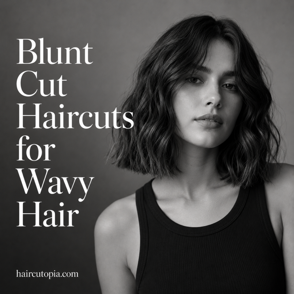 Woman with a modern blunt bob haircut styled with soft natural waves in a black-and-white editorial portrait.
