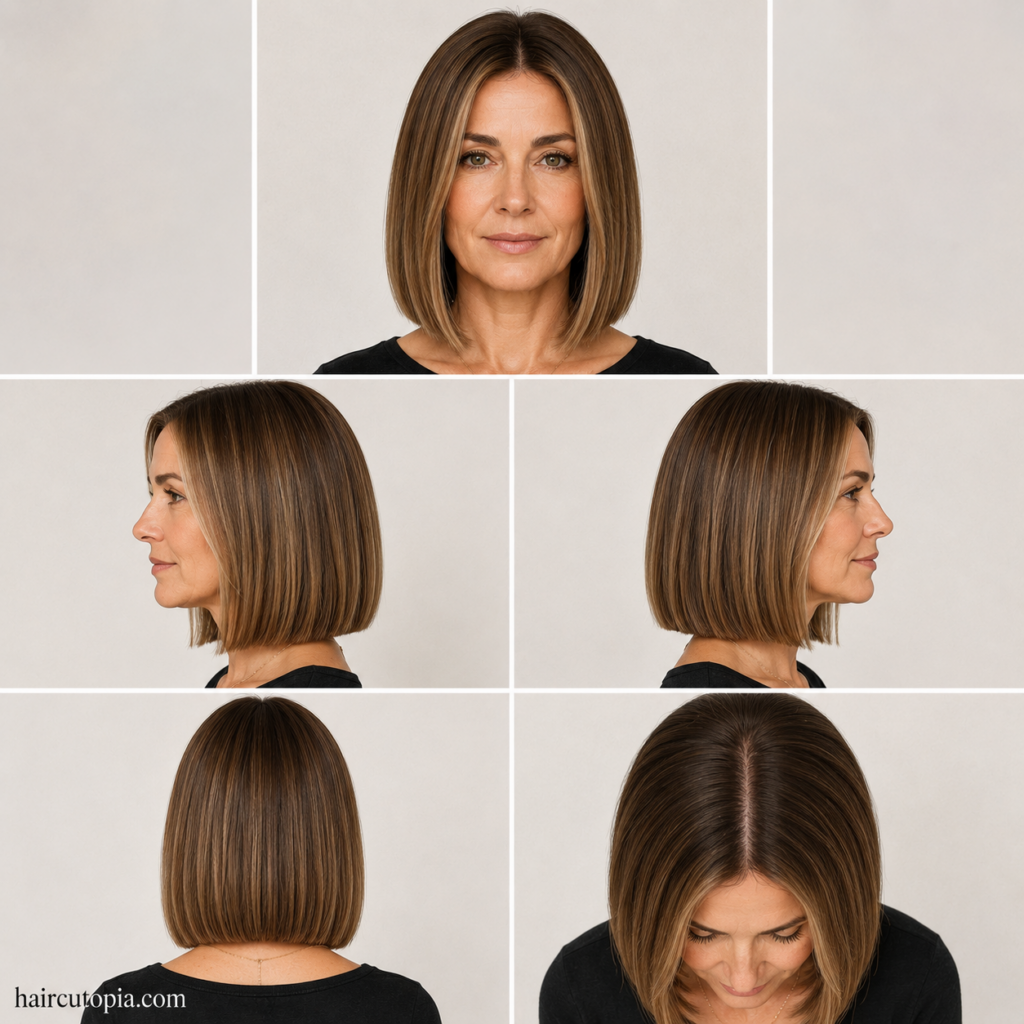 Five-view hairstyle collage showing a blunt cut for a woman over 40 from the front, left side, right side, back, and bird's-eye view.