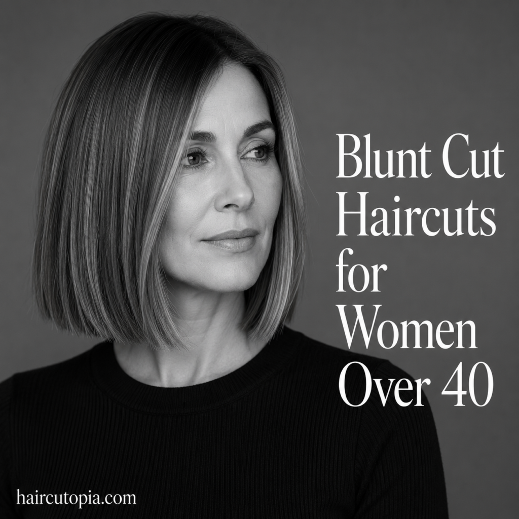 Woman over 40 with a sleek shoulder-length blunt bob haircut in a black-and-white editorial portrait.