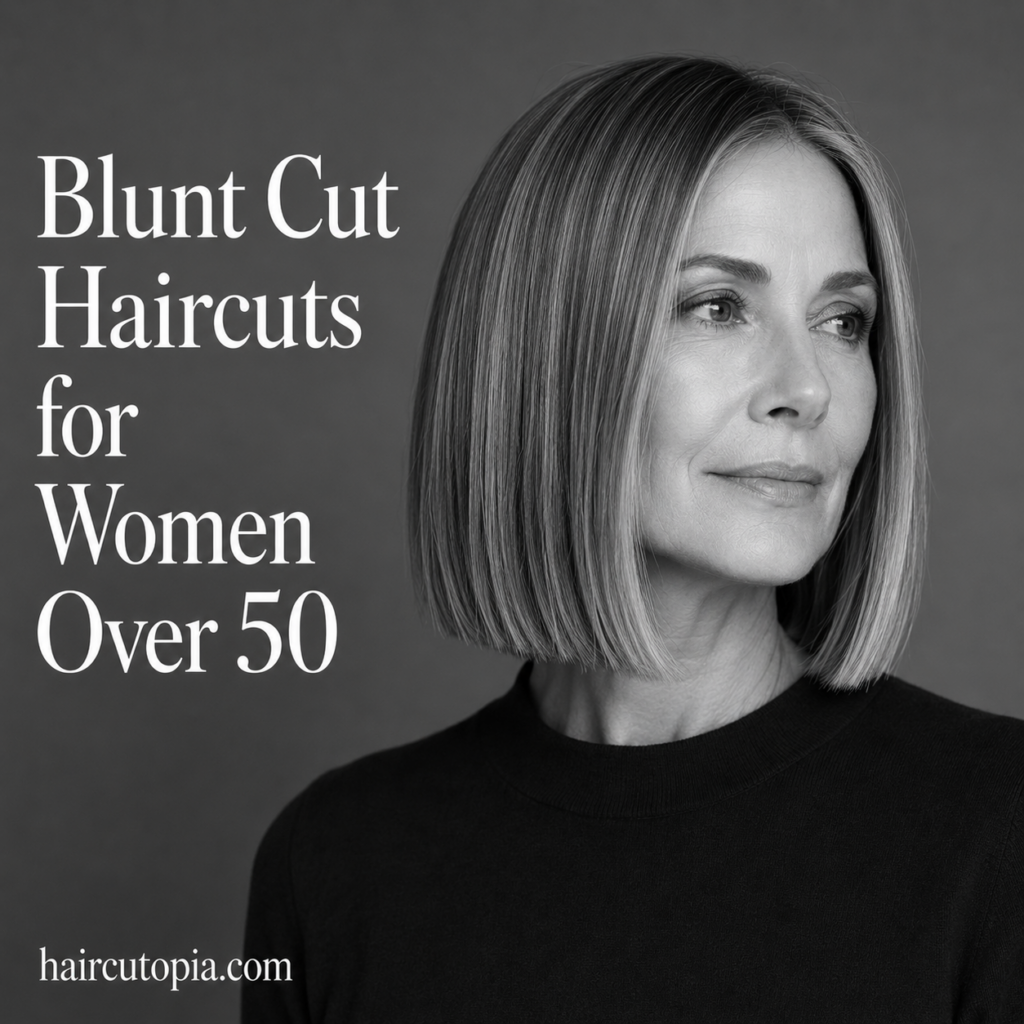 Woman over 50 with a sleek shoulder-length blunt cut hairstyle in a black-and-white editorial portrait.
