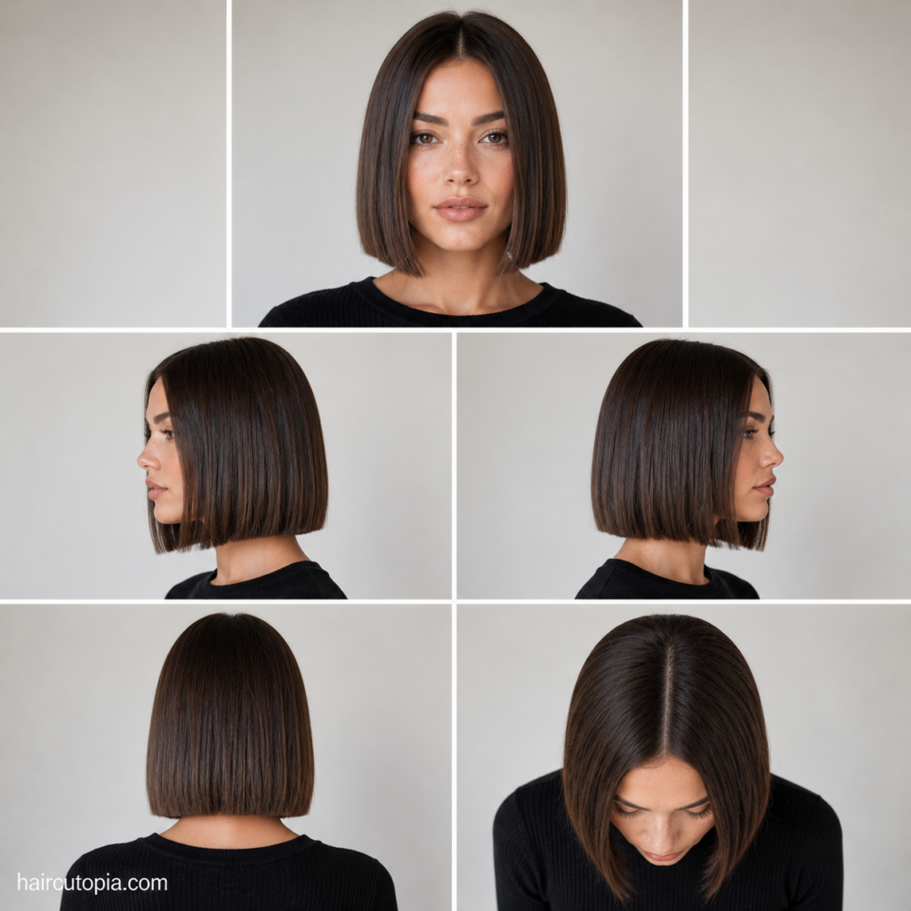 Blunt cut haircut shown from front, left side, right side, back, and top views