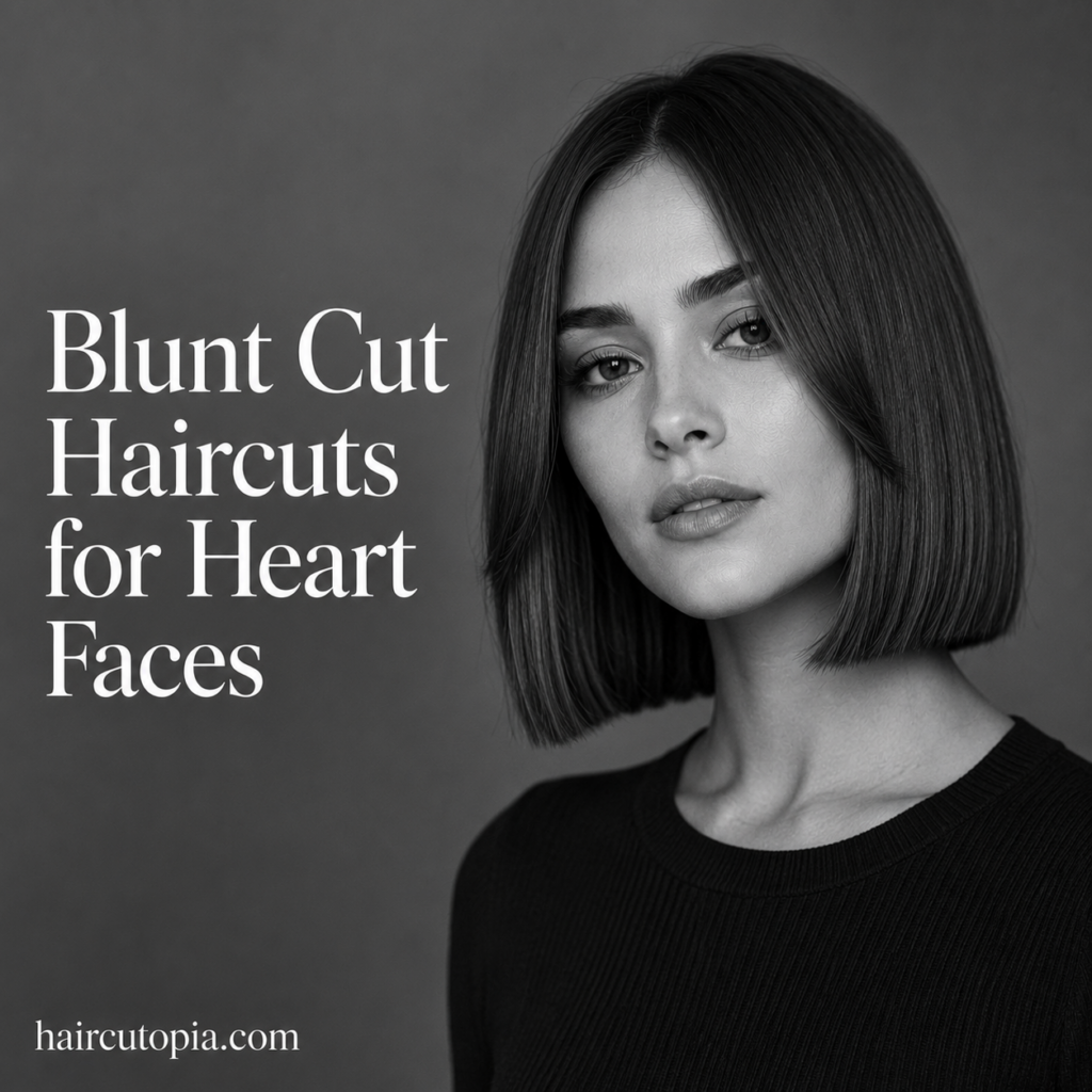 Woman with a sleek blunt bob haircut styled for a heart-shaped face in a black-and-white editorial portrait.