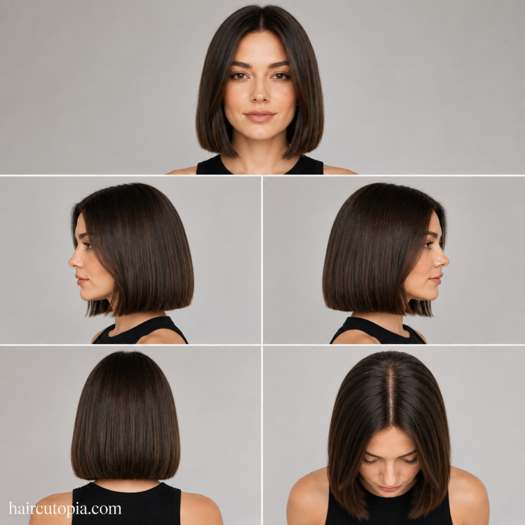 Five-panel collage showing a blunt cut haircut for a heart-shaped face from the front, left side, right side, back, and top views.
