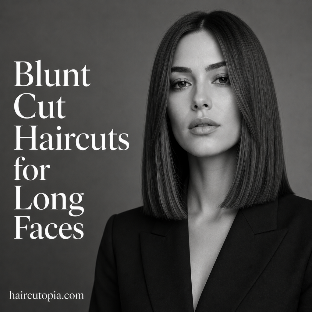 Woman with a sleek blunt bob haircut styled for a long face in a black-and-white editorial portrait.