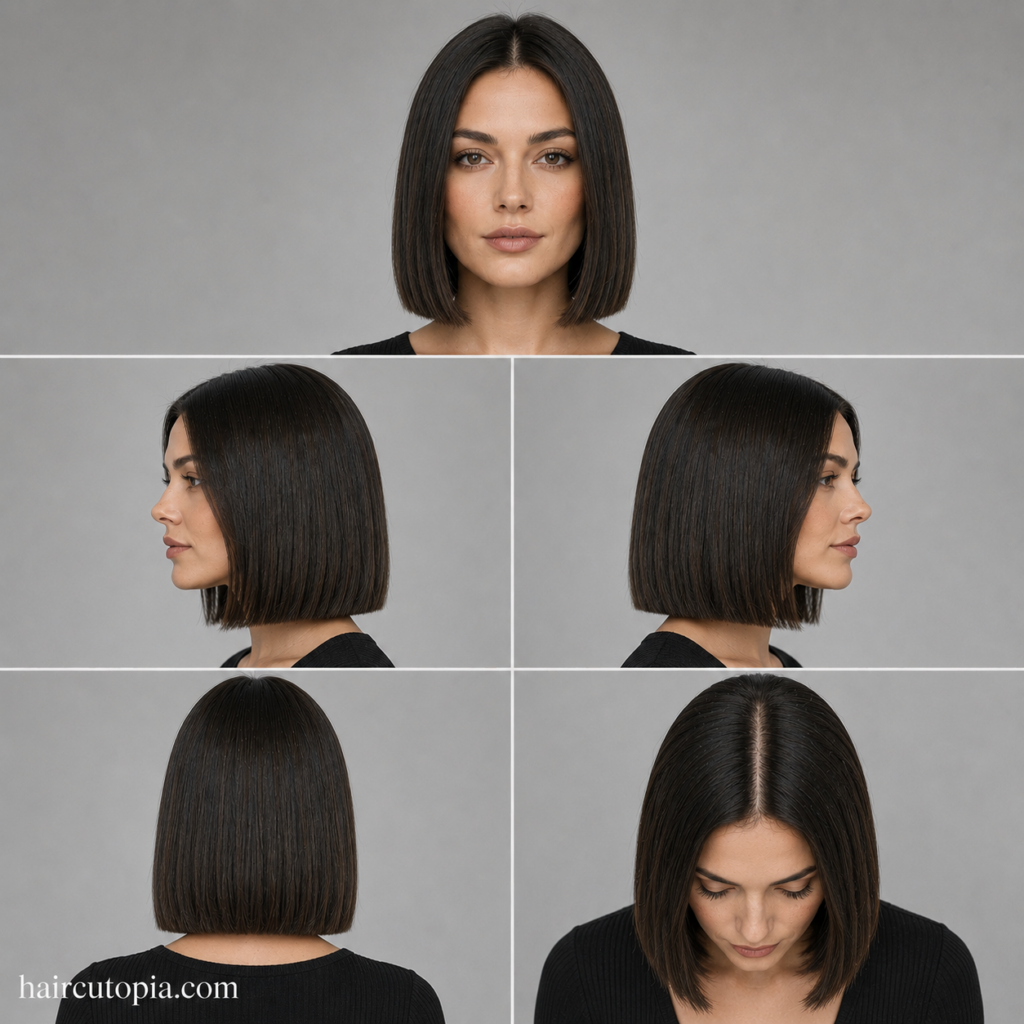 Five-panel collage showing a blunt cut haircut for a long face from the front, left side, right side, back, and top views.