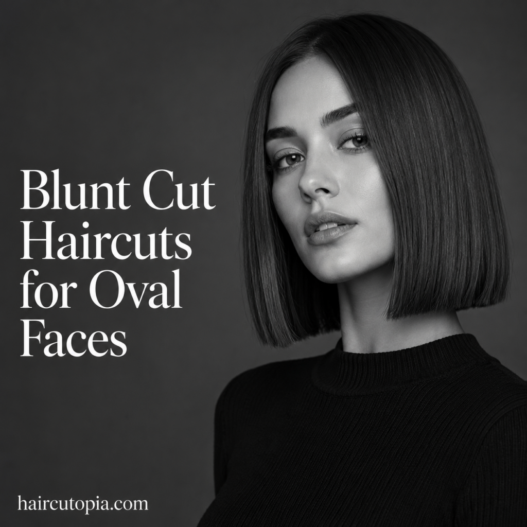 Woman with a sleek blunt bob haircut styled for an oval face in a black-and-white editorial portrait.