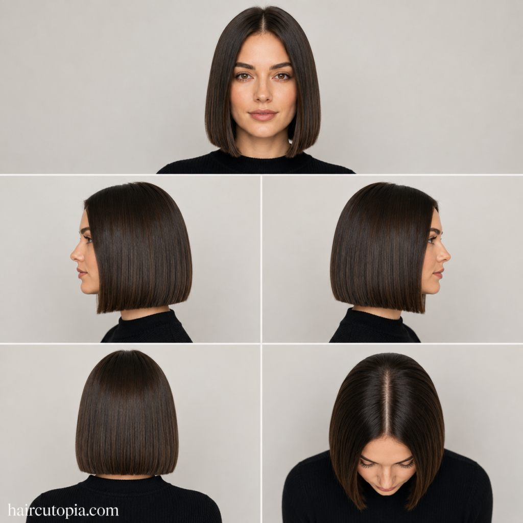 Five-panel collage showing a blunt cut haircut for an oval face from the front, left side, right side, back, and top views.