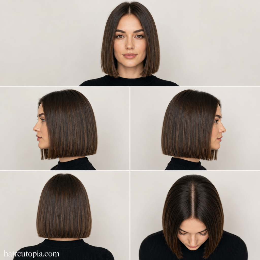 Five-panel collage showing a blunt cut haircut for a round face from the front, left side, right side, back, and top views.
